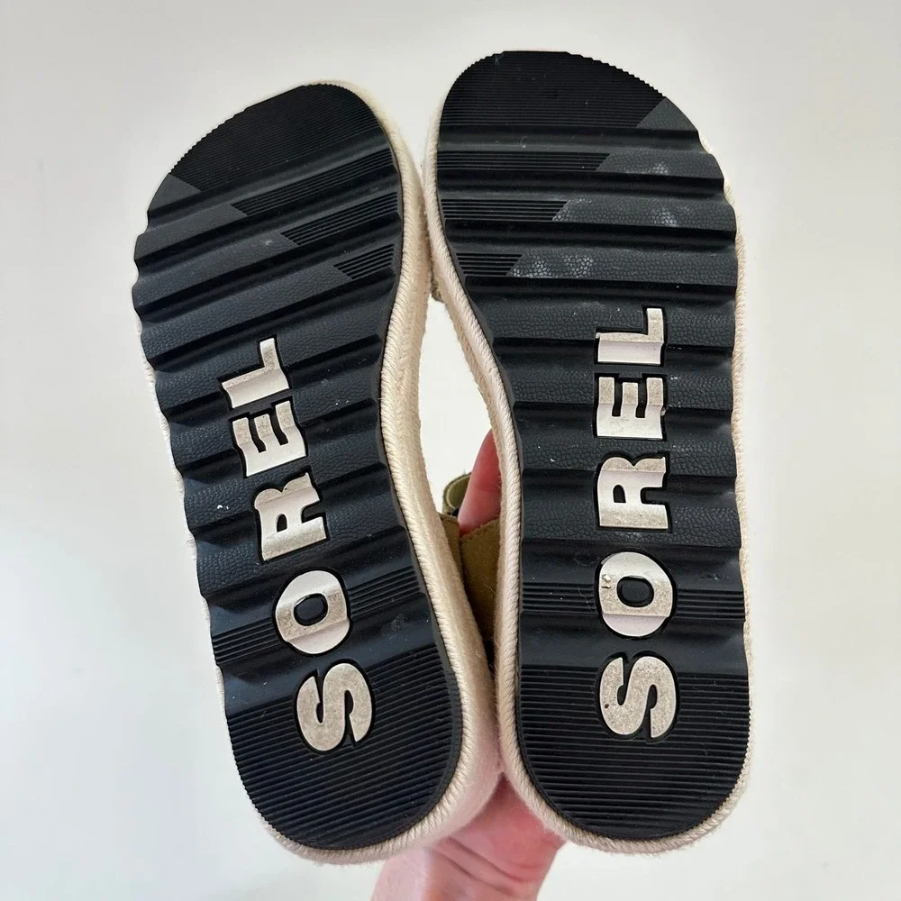 Sorel Cameron Wedge Sandals Womens Size 9.5 Olive Green Espadrille Shoes Suede